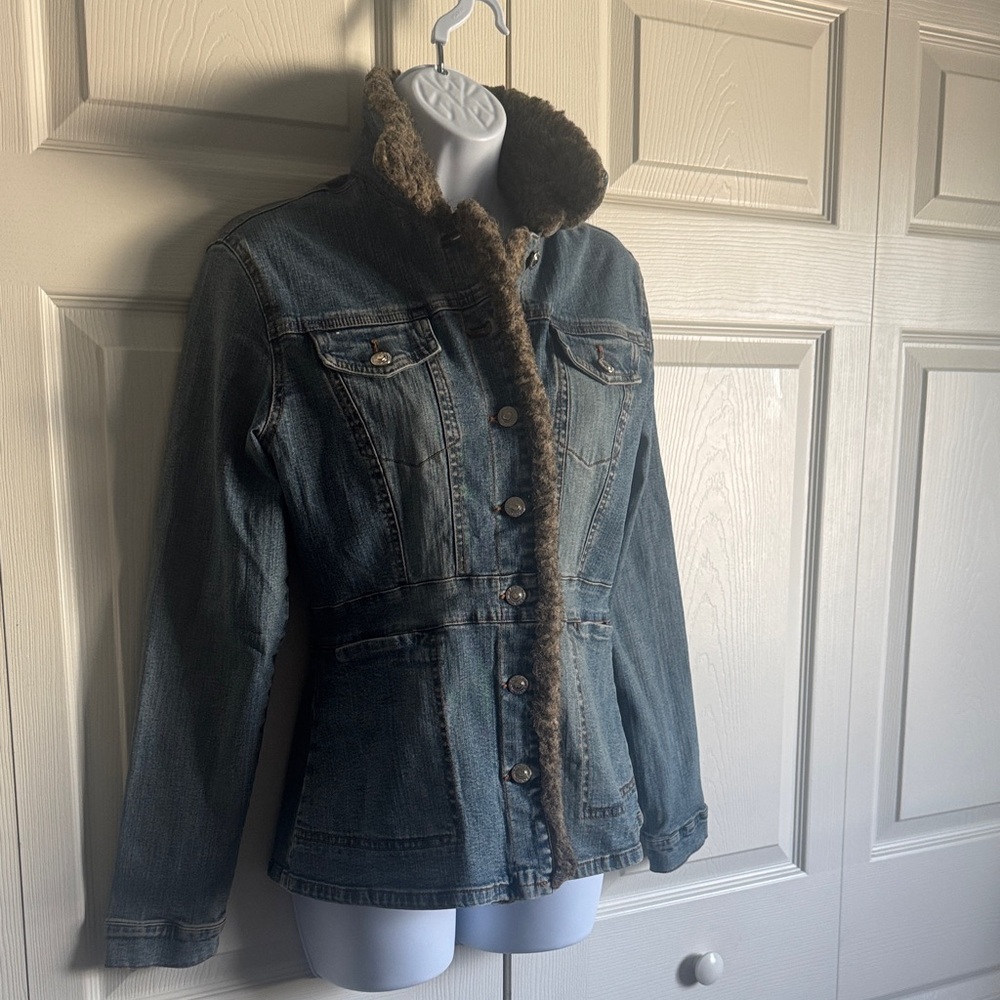 XOXO Blue Denim Jacket with Brown Faux Fur